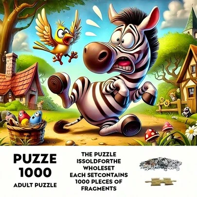 1000片大型卡通拼图，可爱斑马和小鸟纸质拼图，充满活力，适合成人和青少年的DIY减压益智游戏，家庭互动拼图游戏，DIY家居和办公室装饰（无框），生日、圣诞节、新年和情人节的理想益智游戏礼物