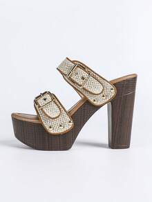 Women Fashion Chunky Platform Block High Heel Summer Sandal With Ankle Strap And Stud Peep Toe Mule Sandals Heel Shoes - Apricot - View 5