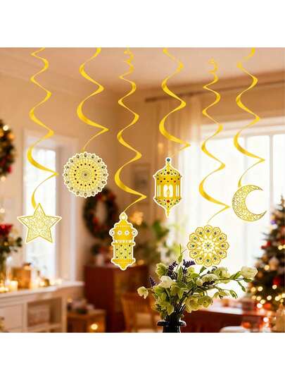 6件套斋月螺旋吊坠装饰月亮星星油灯螺旋吊坠，金色漩涡饰品，适合斋月和日常家居装饰