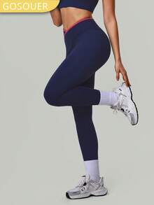 Damen Sporthose ohne Vordernaht mit kontrastfarbiger Einfassung, V-förmiger Taille, formend, für Fitness und Yoga - marineblau - Übersicht 9