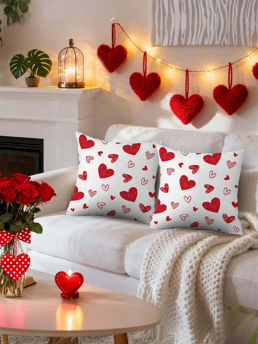 1/2/4 pièces Housses de coussin de la Saint-Valentin - Motifs minimalistes en forme de cœur rouge et blanc, décorations pour mariage, anniversaire, fête. Étui de coussin décoratif pour chambre, canapé, mariage. Design contemporain, décoration romantique, fermeture à glissière, 45x45cm - Rose bonbon - Voir 1