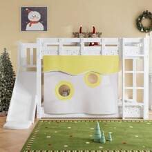 Wooden Bunk Bed With Ladder And Railing, With Curtain, Slide, Children's Bed With Fall Protection And Railing, MDF+Pine, White, 90x200cm - 白色 - 查看 6