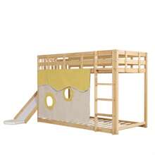 Wooden Bunk Bed With Ladder And Railing, With Curtain, Slide, Children's Bed With Fall Protection And Railing, MDF+Pine, White, 90x200cm - 自然色 - 查看 5
