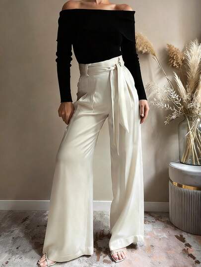 女士纯色口袋扭结拉链休闲办公裤