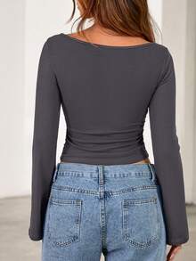 Fall New Arrival Women's Long-Sleeve Top Crop-Top Style Casual Outerwear Boat Neck With Bell Sleeves Ribbed Pleated Design Millennial-Inspired Fashion - 深灰色 - 查看 2