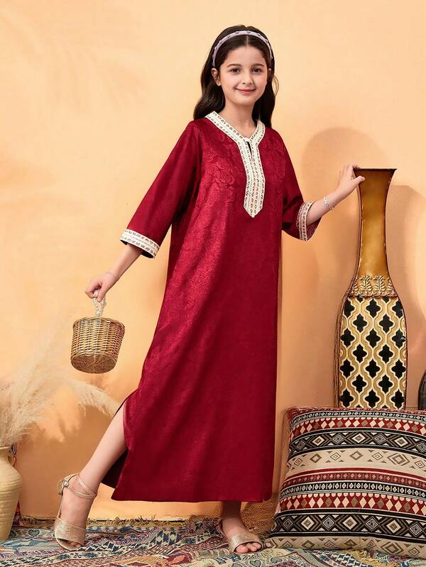 Vihyde 1pc Tween Girl Wine Red Floral Trim Collar 3/4 Sleeve Slit Jacquard Dress