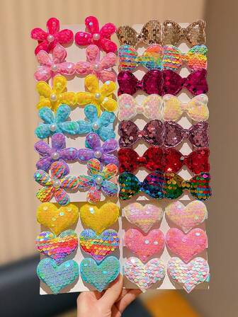 38/24/12/14 piezas Pasadores de pelo con lentejuelas multicolor, diseños de flores, lazos y corazones, efectos visuales vibrantes, adecuados para uso casual, accesorios de pelo lindos, decoración de moda para el cabello, también ideales como regalos lindos para niñas o pequeños obsequios