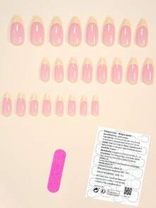 24片中号杏仁形美甲贴片，瞬间提升美甲效果！经典法式裸色底甲，日常黄色法式粉色点缀，全覆盖甲片套装，适合女性和女孩。套装包含1张胶贴和1个迷你指甲锉，随机发货。美甲用品 - 黃色 - 查看 2