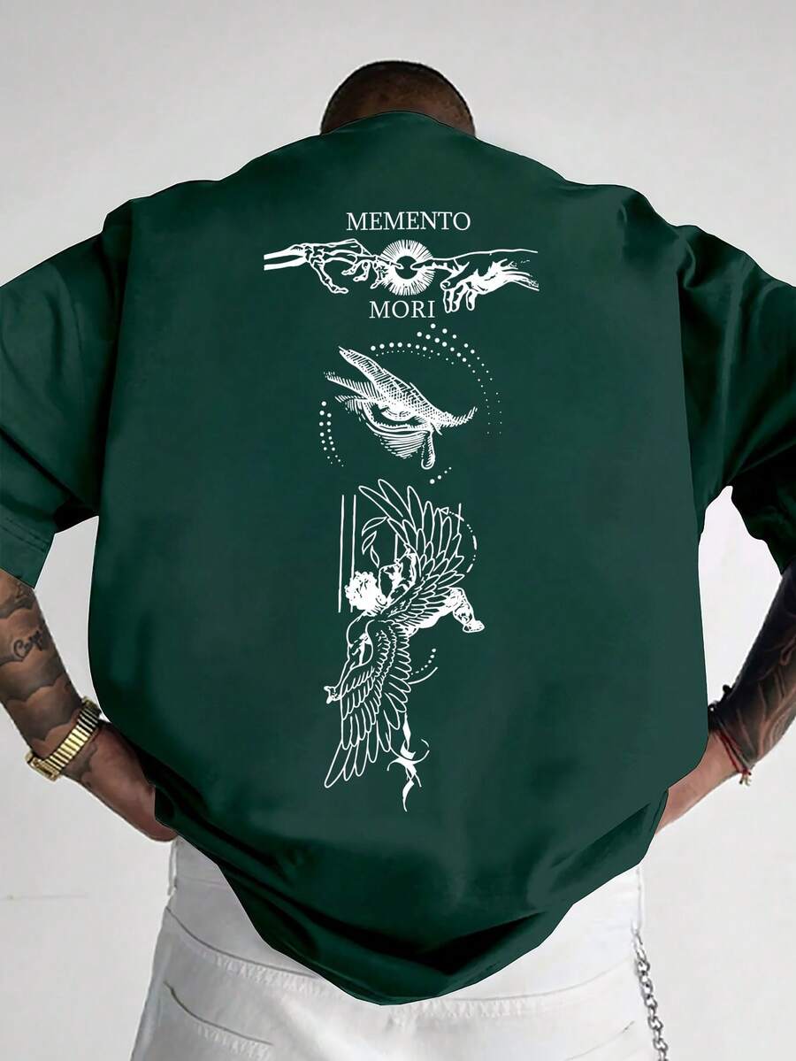 Camiseta de manga corta holgada con estampado de moda para hombres SU ER | Diseño exquisito | Esencial de verano | Fácil de combinar, mostrando tu estilo - Verde Oscuro - Ver 1