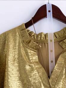 Plus Size Women's Metallic Gold Shiny Loose V-Neck Ruffle Trim Long Sleeve Top Spring - Gold - View 3