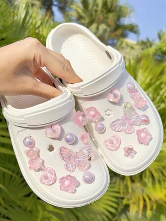 20个粉色小熊鞋夹，粉色蝴蝶结鞋饰，DIY配件，适用于带孔鞋、凉鞋、沙滩鞋、花园鞋