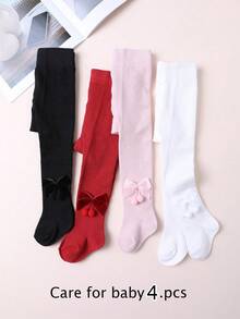 4双装女婴纯色蝴蝶结装饰连裤袜，经典百搭秋冬打底裤 - 彩色 - 查看 11