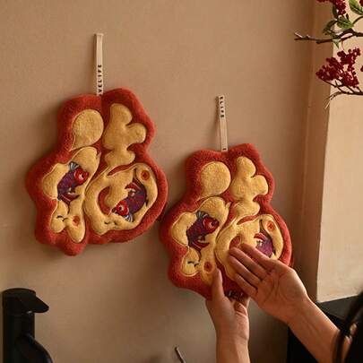 新年装饰手巾 - 加厚吸水双鱼座吉祥字厨房巾，吉祥红