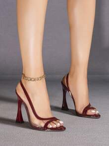 Jin Bei Qi 女士尖头纯色漆皮透明玻璃鞋跟套脚露趾户外派对细高跟凉鞋，独特鞋跟设计，优雅时尚，适合派对、宴会、浪漫场合，酒红色 - 酒紅色 - 查看 4