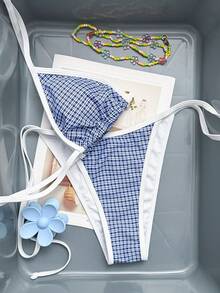Bộ bikini SunTide màu xanh kẻ caro, kiểu dáng tam giác buộc dây cổ, có charm hình sao biển và viền trắng, gồm 2 mảnh, thích hợp cho mùa hè, đi biển, tiệc đêm, vui tươi và gợi cảm. - Xanh và trắng - Xem 7