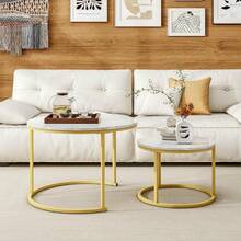 1 Juego de mesa de centro redonda anidada chapada en oro con tablero de mármol de madera y marco de metal resistente, adecuada como mesa auxiliar para sala de estar, dormitorio, balcón y patio - Dorado - Ver 7