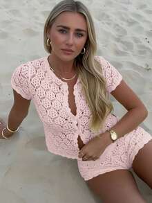 女士夏季度假套装，钩针网纱性感镂空沙滩短袖针织罩衫+短裤两件套 - 女士度假两件套，钩针罩衫夜店装，女士性感修身款 - 淺粉色 - 查看 4