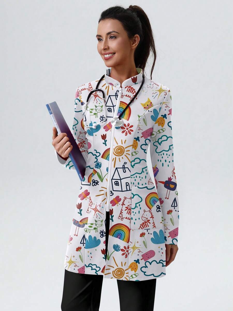 cimmuovere Women's Rainbow Print Zip Front Scrubs Jacket With Pockets, Nurse Uniform, Workwear For Dentist, Healthcare, Pet Hospital, Laboratory