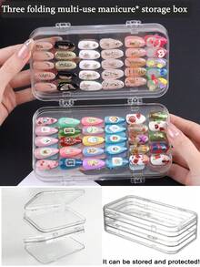 3-Fold Multifunctional Manicure Storage Box - Transparent Plastic Nail Care Storage Box, Fake Nail Display Case, Nail Tool Storage Box With Multiple Compartments, Comes With Adhesive Strips, Suitable For Jewelry, Travel And Home Use - Multicolor - View 1