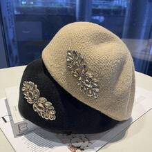 1 Piece Retro Rhinestone Flower Beret - Hepburn Style Newsboy Cap For Women, Face-Slimming Painter Hat Suitable For Reverse Wear, Autumn & Winter Fashion, Suitable For Daily Wear, Valentine's Day Gift, Holiday Gift, Birthday Gift For Girlfriend & Friends, Fashionable Elegant Cute Unique Niche - 卡其(秋冬) - 查看 4