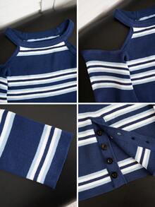 女士露肩条纹针织吊带T恤，修身短款，独特设计，长袖，春夏款 - 寶藍色 - 查看 7