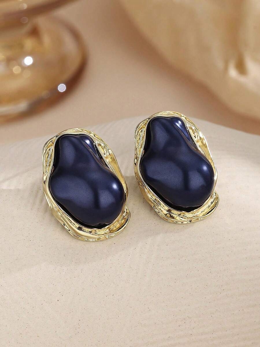 一对复古珍珠吊坠耳环，优雅迷人的设计，适合日常佩戴、宴会和派对等场合。 - 藏蓝色 - 查看 1