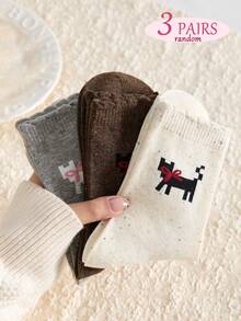 3-Pair Pack Women's (Best-Seller) Pointelle Chunky Rib Bow Cat Mid-Calf Socks – All-Season/Japanese-Style Elegant Long Socks, Versatile Chunky Rib Design | Wholesale | Random Colours | Must-Have Fashion Essential - Multicolor - View 8