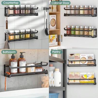 Wall Mounted Spice Rack With Hooks, Spice Organizer Shelf For Stove Cabinet Pantry Door,Screw Or Adhesive Spice Shelf Hanging Wall Spice Rack In Kitchen And RV