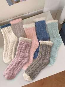 5 đôi/10 đôi tất nữ mùa thu/đông bằng vải lông san hô phối màu tương phản, thoải mái, ấm áp, thích hợp mặc ở nhà và ngủ. - Nhiều màu - Xem 2