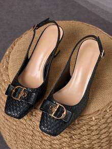 WHDXY 7厘米不对称露跟高跟女鞋，方头编织人造革鞋面，蝴蝶结和金属扣装饰，优雅的礼服鞋，适合通勤、工作、约会和派对等场合。 - 黑色 - 查看 5