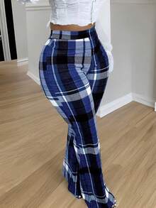 Women's Stylish New Versatile Office-Casual Elegant Slim-Fit Flattering Retro Plaid Printed Micro Flared Pants. - Blue - View 2
