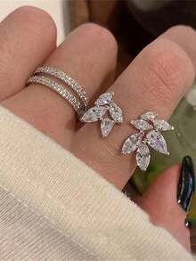 Set de 2 anillos abiertos con forma de hoja con diamantes de circonita cúbica de lujo, adecuados para uso diario y ocasiones de boda de las mujeres - Plateado - Ver 13