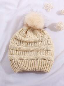 1pc Unisex Loose Knit Beanie - Striped Faux Fur Pom Pom Skull Cap, Warm Windproof Winter Hat, Suitable For Cold Weather And Skiing Trips - Horizontal Striped Pom-poms - View 10