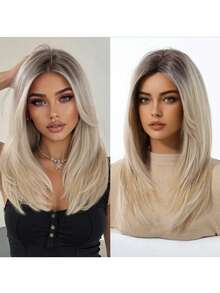 22 Inch Dark Brown To Blonde Ombre Long Straight Bob Wig No Bangs For Women - Natural-Looking Glueless | Heat-Resistant Synthetic | Women Daily/Music Festivals/Costume Parties - 漸變金色 - 查看 2