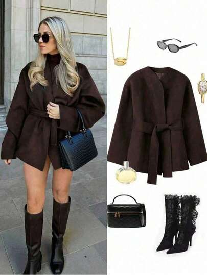 Cardigan con scollo a V in stile kimono, in lana effetto vintage, con cintura, per donna, adatto per l'autunno/inverno