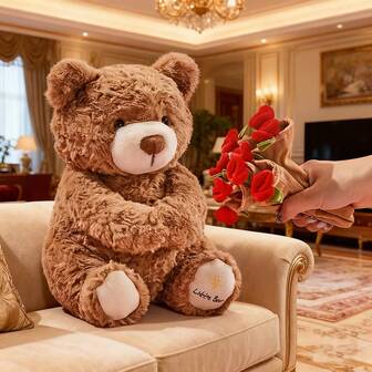 Oso de peluche con sombrero de rosa suave, relleno de poliéster suave, diseño creativo de sombrero de rosa, adecuado como regalo para parejas, familia, amigos, cumpleaños, bodas y ocasiones cotidianas