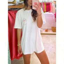 WeStyle Hub Valentine's Day 1 PcsWomens Y2k Coconut Tree Graphic Oversized T Shirts Tops Coconut Tree/Letter Print Short Sleeve Round Neck Loose Fit Tee Shirt Summer Vintage Aesthetic Baggy Tees Tops Preppy Coastal Teen Girl Clothes Streetwear-White And Navy Off-The-Shoulder Cropped Unisex Top180g 100% Cotton - Màu xanh lam - Xem 6