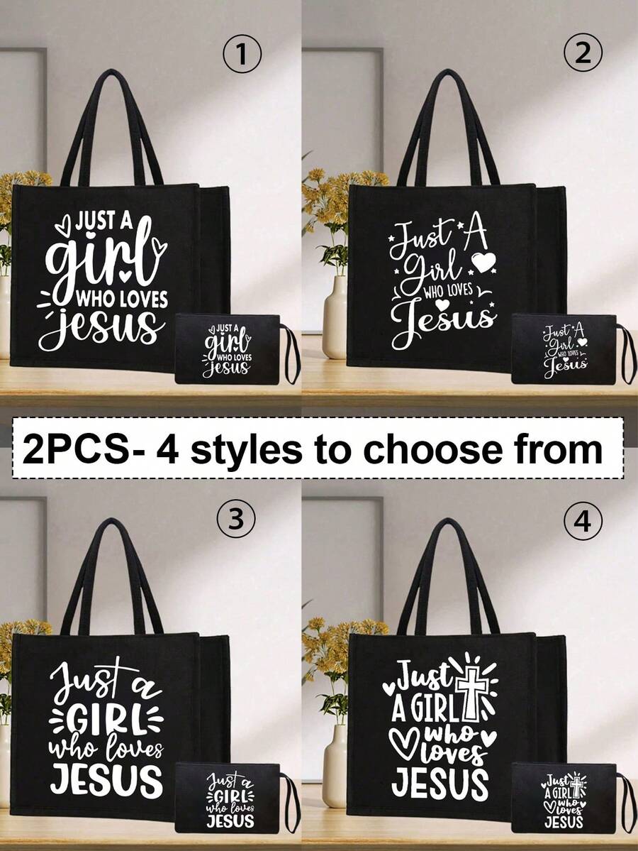 一套轻便手提包和化妆包,女士大容量亚麻托特包 - 简约“Just A Girl Who Loves Jesus”英文字母、心形和十字架图案,基督教主题大容量购物袋,创新设计,宽敞便携休闲手提包 - 彩色 - 查看 1