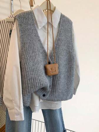 JIANHU Höstvinter Grov Stickad Tröja För Damer, Mysig V-ringad Ärmlös Tröja, Avslappnad Lager-Look För Thanksgiving & Tillbaka Till Skolan | Varm Och Mångsidig För Jul, Nyårsfest & Vardagskläder