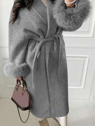 Ny elegant damjacka med fuskpälsärm och knytband, exklusiv lång kappa med skärp, bantning, kimonomodell, höst/vinter