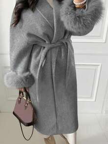 女士新款优雅系带仿毛皮袖外套，高端系带长款大衣，修身显瘦，和服式设计，秋冬款 - 灰色 - 查看 2