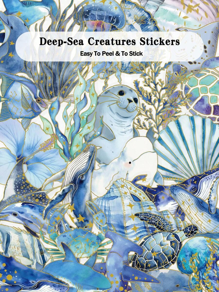 50张深海生物贴纸，烫金贴纸，可用于日记本、行李箱、滑板、吉他、笔记本电脑装饰，DIY透明贴纸，剪贴簿用品，趣味贴纸，笔记本电脑贴纸，Kindle手机贴纸 - 彩色 - 查看 1