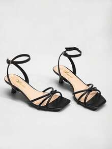 Women's Kitten Heels Square Open Toe Adjustable Strappy Low Heels Ankle Strap Summer Party Dress Heeled Sandals Ensuring Comfort And Breathability On Hot Summer Days Suitable For Prom, Parties, Weddings, Graduations, Cocktail Parties, Work, Travel, Vacations - 黑色 - 查看 8