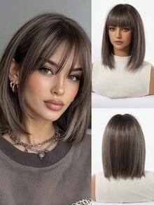 12 Inch Ombre Brown Wig Short With Bangs Natural Looking Synthetic Wigs For Women Daily Wear Girl Wig Gift - Brown Ombre - View 6