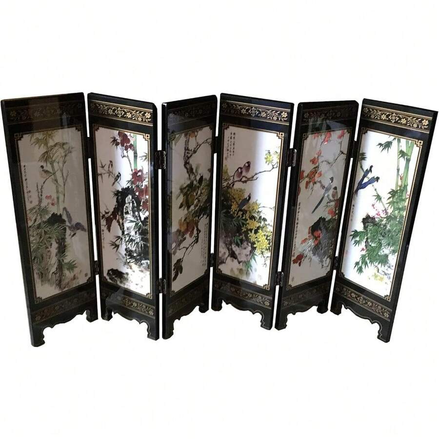 6-Panel Folding Room Divider Screen - Hand-Painted Floral & Bird Design - Decorative Desktop Privacy Partition For Home & Office - Default - View 1