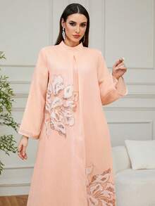 Women's Elegant V-Neck Long Sleeve Maxi Kaftan Dress, Woven Fabric With Beaded Embellishment, Suitable For Eid Al-Fitr - Pink - View 3