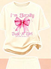 Tween Girl Casual Bow Graphic Short Sleeve Loose T-Shirt And Flare Pants Elegant Girl Outfit, Back To School/School Clothes