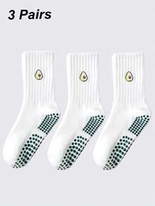 1/2/3 Pairs Women's Pilates Non-Slip Yoga Socks, Grip Socks With Traction, Neutral Hospital Socks, Ankle Support, Shock-Absorbing Sports Socks, Soft And Comfortable All-Season Grip Socks, Cute Embroidered Strawberry, Avocado, Cherry Patterns, White Socks - Multicolor - View 17