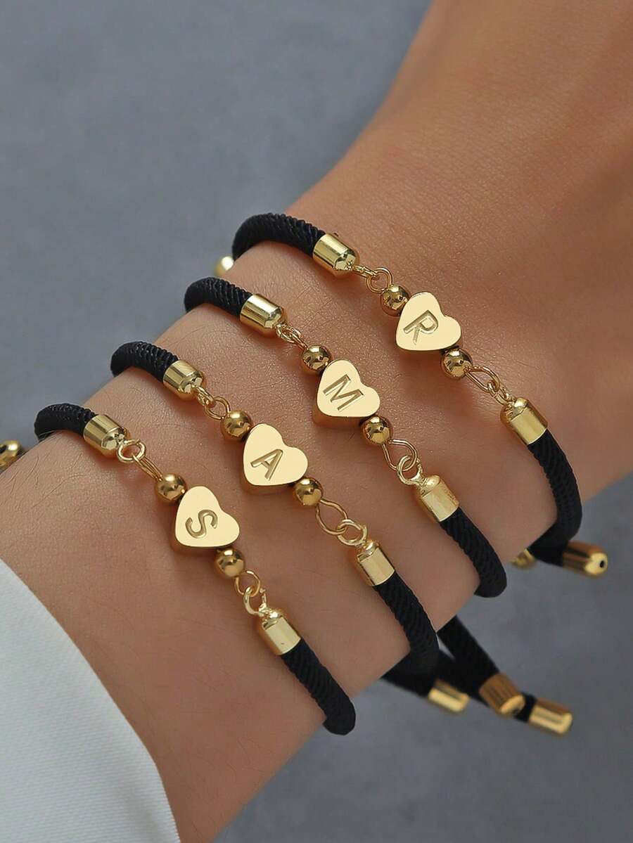 1件新款经典A-Z心形字母手链，女士简约可调节彩色绳编手链，女士珠宝礼物 - 黑色 - 查看 1