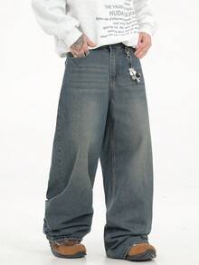 1pc Justice Brother Men's Loose Washed Denim Casual Baggy Wide Leg Jeans Pants (Belt And Accessories Not Included) - Dusty Blue - View 6